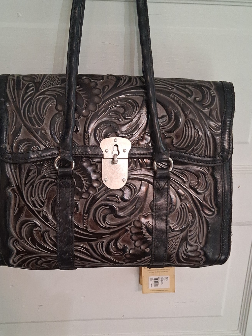 Show Stopper Patricia Nash Black and Brown Tooled Floral Satchel NWT, Large
